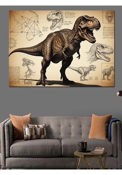 Dinozor T-rex Teknik Çizim Dekoratif Kanvas - Mdf Ahşap Tablo