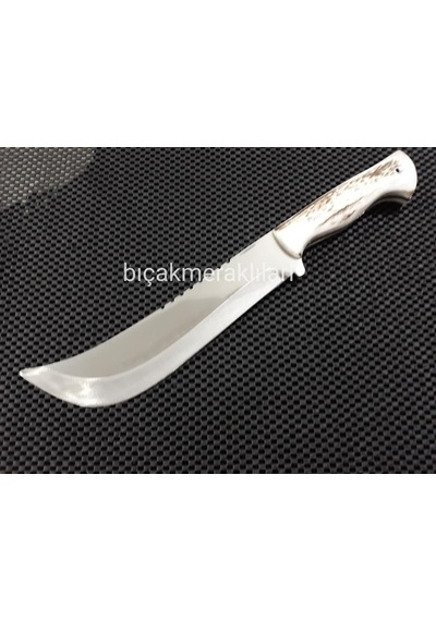 Büyük Av Kamp Bıçağı 34 CM 4mm 4134 Çelik Geyik Boynuzu Kahverengi - Gümüş