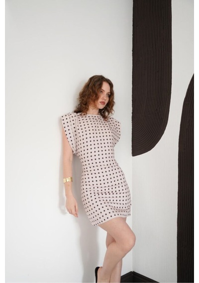 Verymoda Puantiyeli Bisiklet Yaka Diz Üstü Elbise D3013 Taş