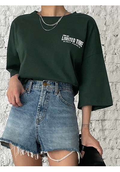 Flood Of Style Kadın Nefti Yeşili Oversize Limited Time Baskılı Tshirt Yeşil