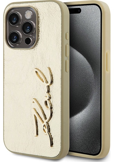 Apple Uyumlu iPhone  15 Pro Max Kılıf Karl Lagerfeld Lisanslı 3d Kl Yazılı Tüylü Yüzey Saffiano Rhinestones Gold