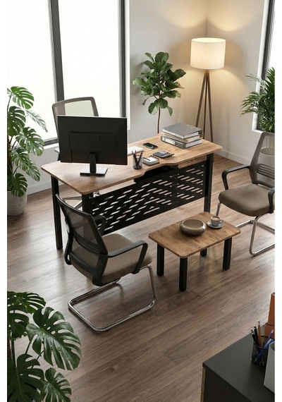 Sehpalı Büro Masası ,ofis Masası, 140 Cm. Çalışma Masası Takımı 5141 Siyah