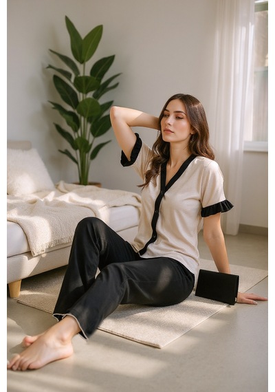 Bella Notte Pamuklu Düğmeli Siyah Biyeli Yazlık Pijama Takımı