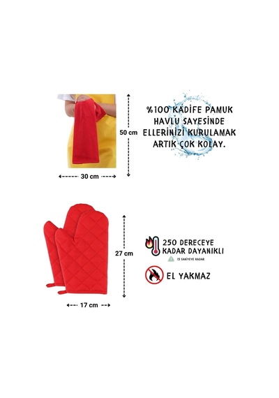 Star Ayar Askılı Havlulu 4lü Mutfak Önlüğü Seti 2 Eldiven Sarı-kırmızı-kırmızı