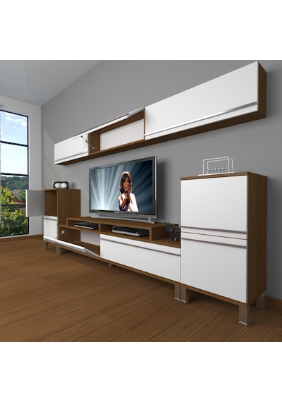 Decoraktiv Ekoflex 9 Mdf Krom Ayaklı Tv Ünitesi Tv Sehpası Ceviz - Beyaz