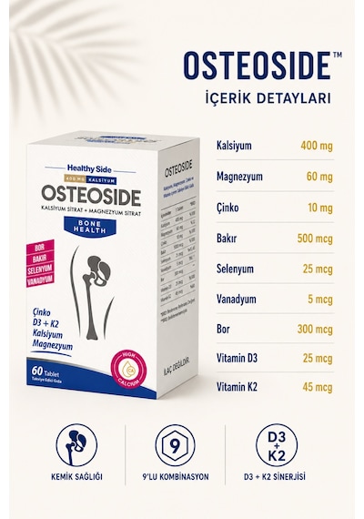Osteoside Kalsiyum, Magnezyum, Çinko Ve D3&k2 İçeren 60 Tablet Takviye Edici Gıda