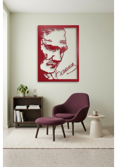 Atatürk Ve İmza Metal Duvar Tablosu - Duvar Sanatı - Duvar Dekoru - Kırmızı