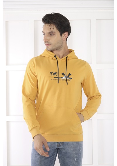 Escetic Spor Erkek Hardal Cepli, Kapüşonlu Sweatshirt-4172