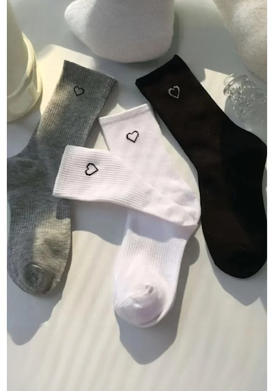 Hitit Socks Kadın 6 Çift Premium Kalite Kalp Detaylı Tenis Çorap Siyah Beyaz Gri Asorti