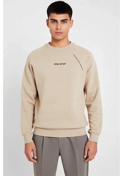 Benerly Erkek Bisiklet Yaka Reglan Kol Slogan Baskılı Regular Kalıp Sweat Vizon