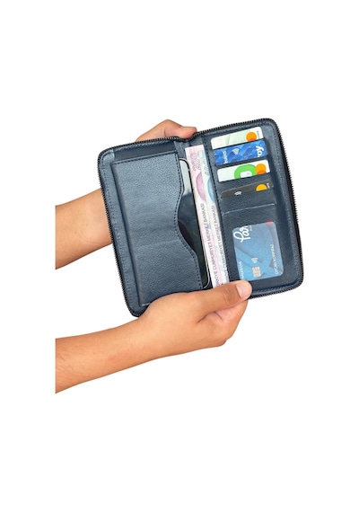 Premium Serisi Lüks Deri Özel Üretim Dikey Telefon Bölmeli Fermuarlı Erkek Cüzdanı Lacivert