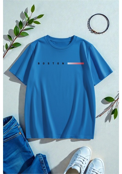 Uyguntarz Unisex Boston Tasarım Basklı Tshirt Mavi