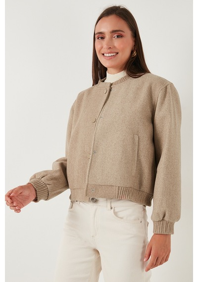 Lela Loose Fit Sıfır Yaka Çıtçıtlı Kaşe Kısa Bayan Mont 6810178 Bej