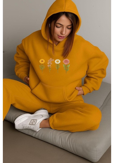 Çiçek Baskılı Ünisex Kapüşonlu Sweat Sari