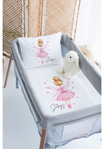 %100 Delux Pamuk Saten İsme Özel İsimli 70x120 Park Yatak Nevresim Seti Pembe Peri