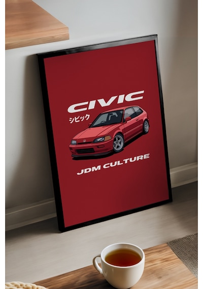 Honda Civic Siyah Ahşap Çerçeveli Poster, Dekoratif Jdm Araba Duvar Tablosu