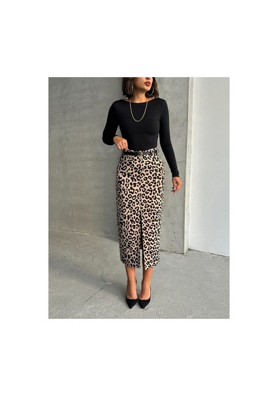 Verymoda Leopar Desenli Uzun Kalem Etek F1665 Taş Siyah