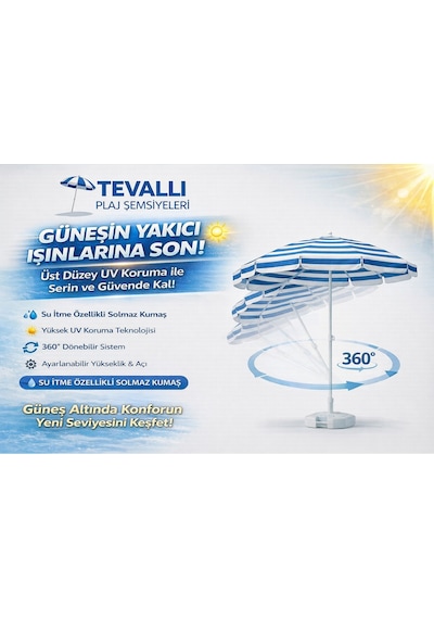 360 Dönebilen Plaj Şemsiyesi Uv Korumalı Su İtici Solmaz Kumaş 190 Gr Dokuma Polyester -mavi