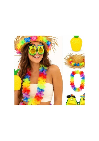 4 Parça Hawaii Parti Seti Ananas Bardak Hasır Şapka Avokado Gözlük Çiçek Kolye Evimdeyokyok