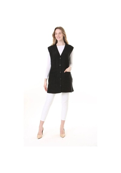 Fresh & Moda Kadın Yün Kışlık Anne Uzun Triko Yelek Lacivert