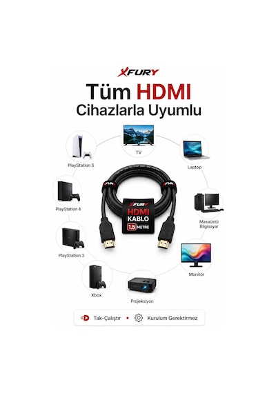 Fury 1.5 Metre Hdmı Kablo 4k Ultra Hd Hdmı 1.4 18gbps Ethernet Arc 3d Full Hd Tv Ps5 Laptop