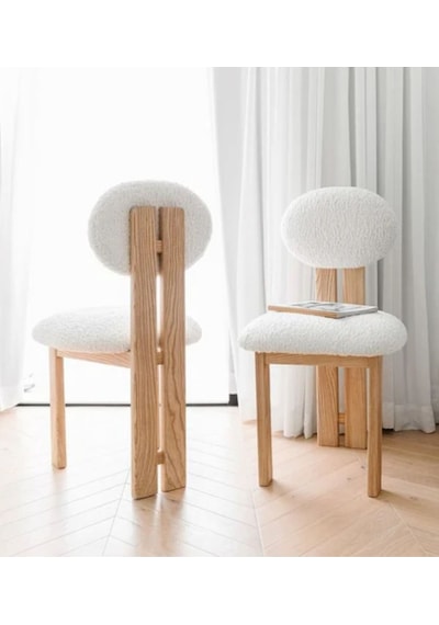 Coco Iskandinav Still Beyaz Teddy Kumaş Natural Ahşap Bohem Sandalye