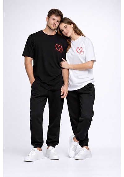 Sevgili Kombini Kalp Baskılı Oversize Çift Tişört Unisex Uyumlu P Çok Renkli