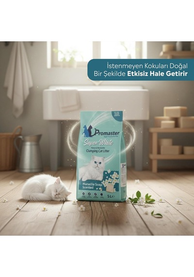 Süper Beyaz Doğal Bentonit Topaklanan Kedi Kumu Marsilya Sabunu Kokulu 5 Lt