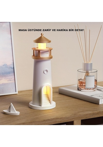 Hymark Deniz Feneri Projektör Ay Led Gece Lambası Kumandalı Kısılabilir Zamanlama Krem Üzeri Gold Patineli