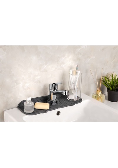 Mainshop Su Tutucu Musluk Mat Lavabo Için Silikon Esnek Musluk Tutucu Raf Mutfak Tezgahı Koruma Gri