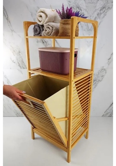 2 Organizer Raflı Ahşap Bambu Çek-aç Kirli Sepeti Sarı