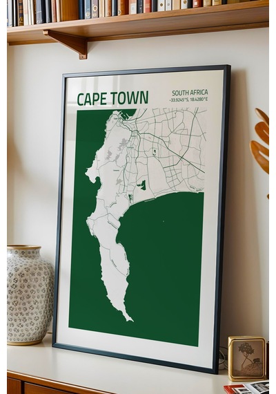 Cape Town Güney Afrika Haritası Çerçeveli Tablo Lüks Salon Ofis Duvar Dekorasyonu Hediyelik Tablo