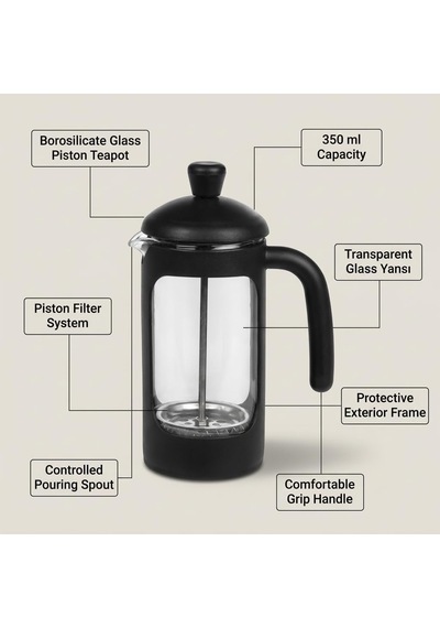 Borosilikat Cam French Press 350 Ml, Siyah Çerçeveli Kavisli Saplı Pistonlu Demlik, Kahve Ve Bitki Çayı Demleme Apa Diğer