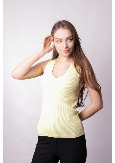 Kadın Likralı Esnek Triko V Yaka Kaşkorse Body Bluz-sarı Sari