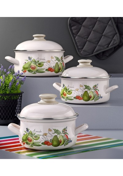 Bonera Emaye 6 Parça Krem Set Emaye Kapaklı - Avokado Dekor