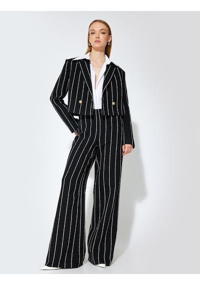 Koton Koton X Sibil Çetinkaya - Geniş Paça Pantolon Bol Kalıp Siyah Çizgili 5wak40076ew Siyah Çizgili Siyah