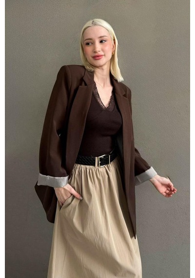 Seeh Kahverengi Kol Desenli Blazer Kadın Ceket Sh339