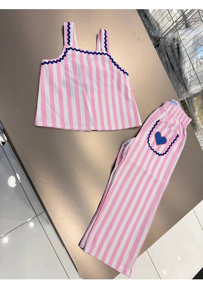 Magu Kız Çocuk Keten Pembe Çizgili Askılı Bluz Pantolon Takım