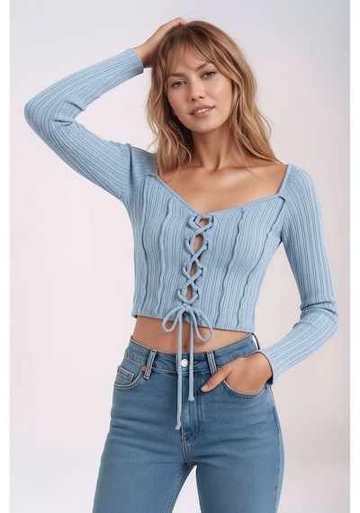Mamayaga Kadın Yuvarlak Yaka Önden Bağcıklı Uzun Kol Fitilli Crop Boy Spor Şık Bluz Buz Mavisi Mamayaga Kadın Yuvarlak Yaka Önden Bağcıklı Uzun Kol Fitilli Crop Boy Spor Şık Bluz Buz Mavisi