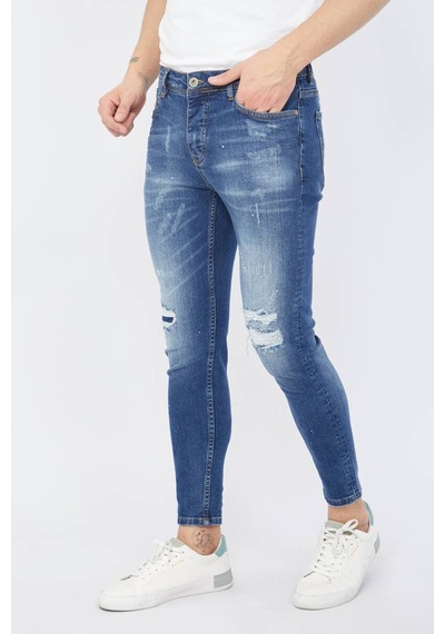 Blue White Erkek Skinny Fit Yırtık Detaylı Jean Koyu Mavi 26