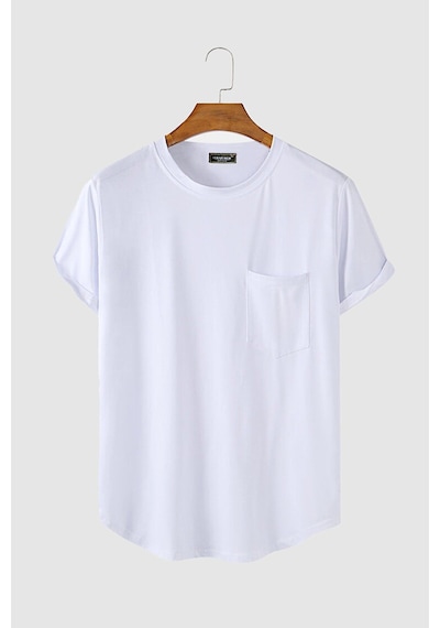 Erkek Yuvarlak Yaka Oval Kesim Cepli Basic T-shirt Beyaz Beyaz