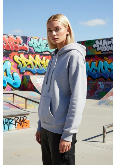 Benerly Kadın Kapüşonlu Düşük Kol Oversize Sweatshirt Fonksiyonel Dayanık Gri Melanj