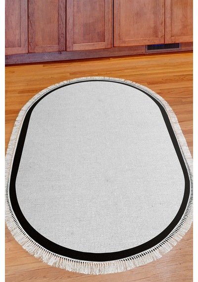 Dekoreko Kaymaz Taban Djt Banyo Mutfak Salon Halı Trend Saçaklı Oval Dokuma Desen E5001 gri