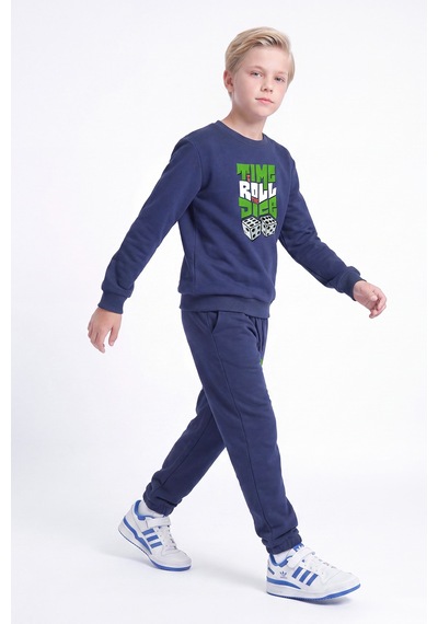 Panios Kids 3 İplik Baskılı Erkek Çocuk Çift Cepli Bisiklet Yaka Eşofman Takımı Lacivert