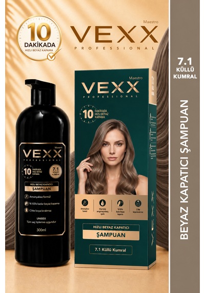 Vexx Professional Beyaz Kapatıcı Pratik Boya Şampuan Küllü Kumral 7.1 Amonyaksız Formül 300 Ml.