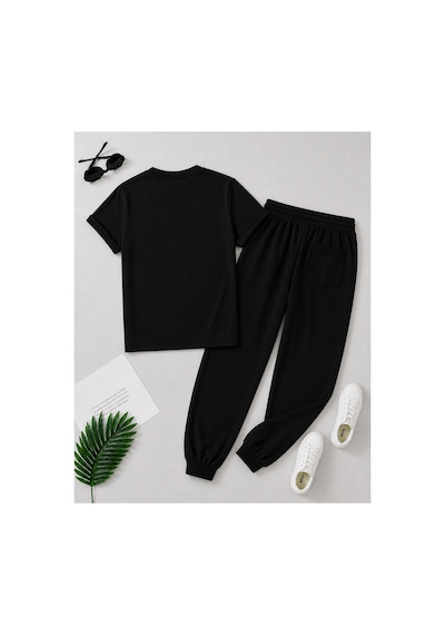 Herkesemoda Minimal Leaf Desenli T-shirt Eşofman Takımı Siyah