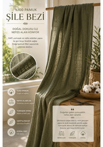 %100 Pamuk Şile Bezi Kumaş Haki Yeşili 145 Cm En Doğal Bürümcük Yazlık Hafif Kumaş Metrelik