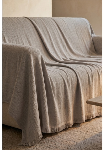 İskandinav Dokulu Pamuklu Saçaklı Koltuk Örtüsü Ve Koltuk Şalı Kaymaz Terletmez 180x300 Cm Açık Gri
