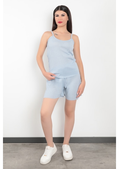 Giysa Mavi İp Askılı Şortlu Kaşkorse Kadın Pijama Takımı Pamuk Karışımlı Kumaş - 6015 Mavi