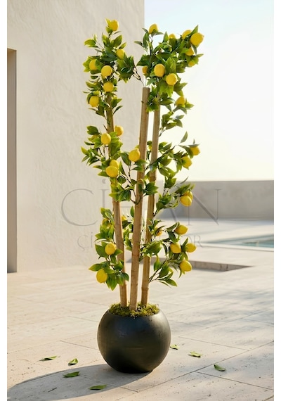 Cihan Çiçekçilik Yapay Limon Bambu Ağacı - Siyah Küre Saksılı 100 Cm